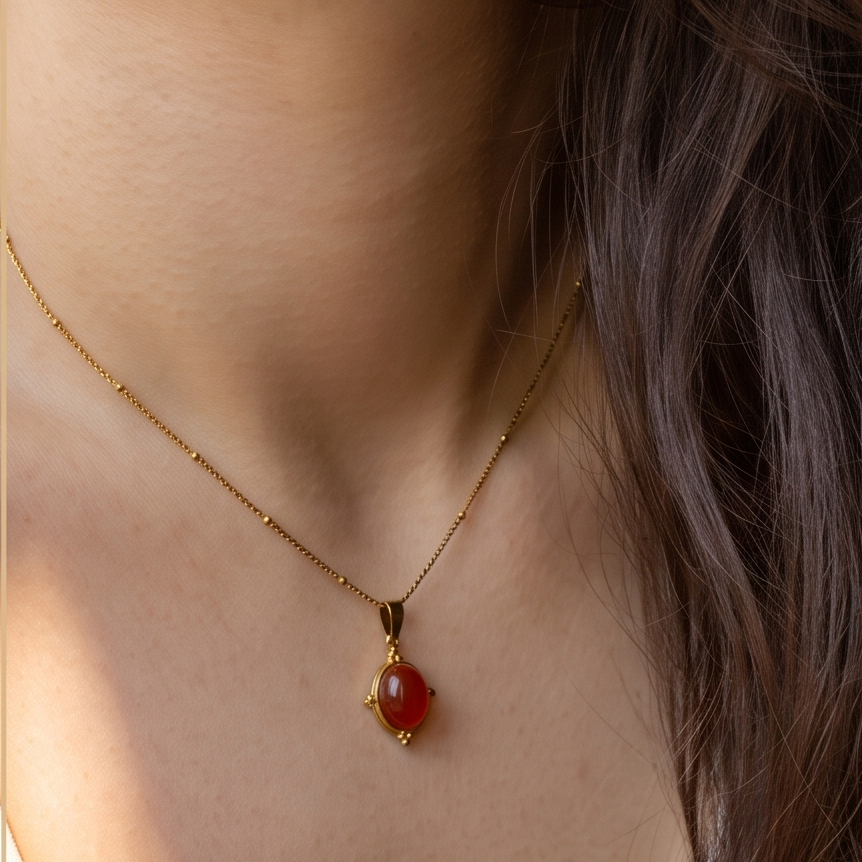Ruby Glow Akik Taşlı Çelik Kolye