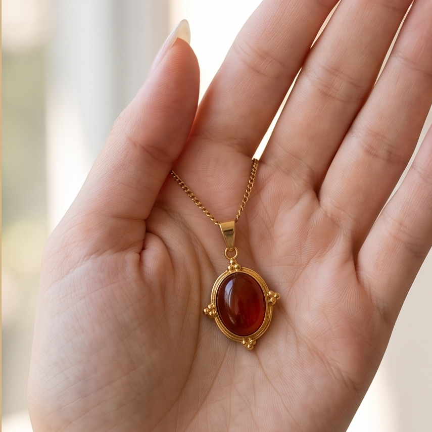 Ruby Glow Akik Taşlı Çelik Kolye