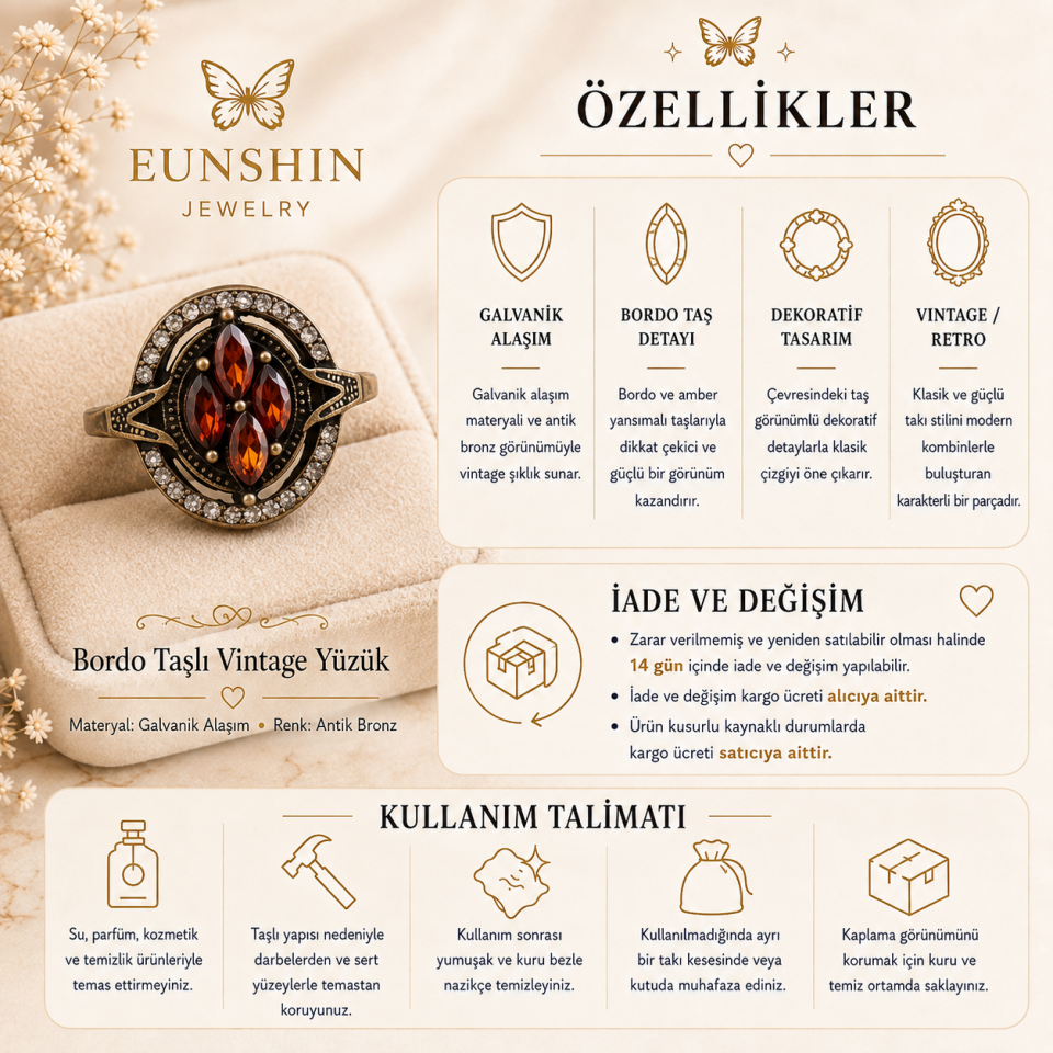 Vespera Vintage Bordo Yüzük