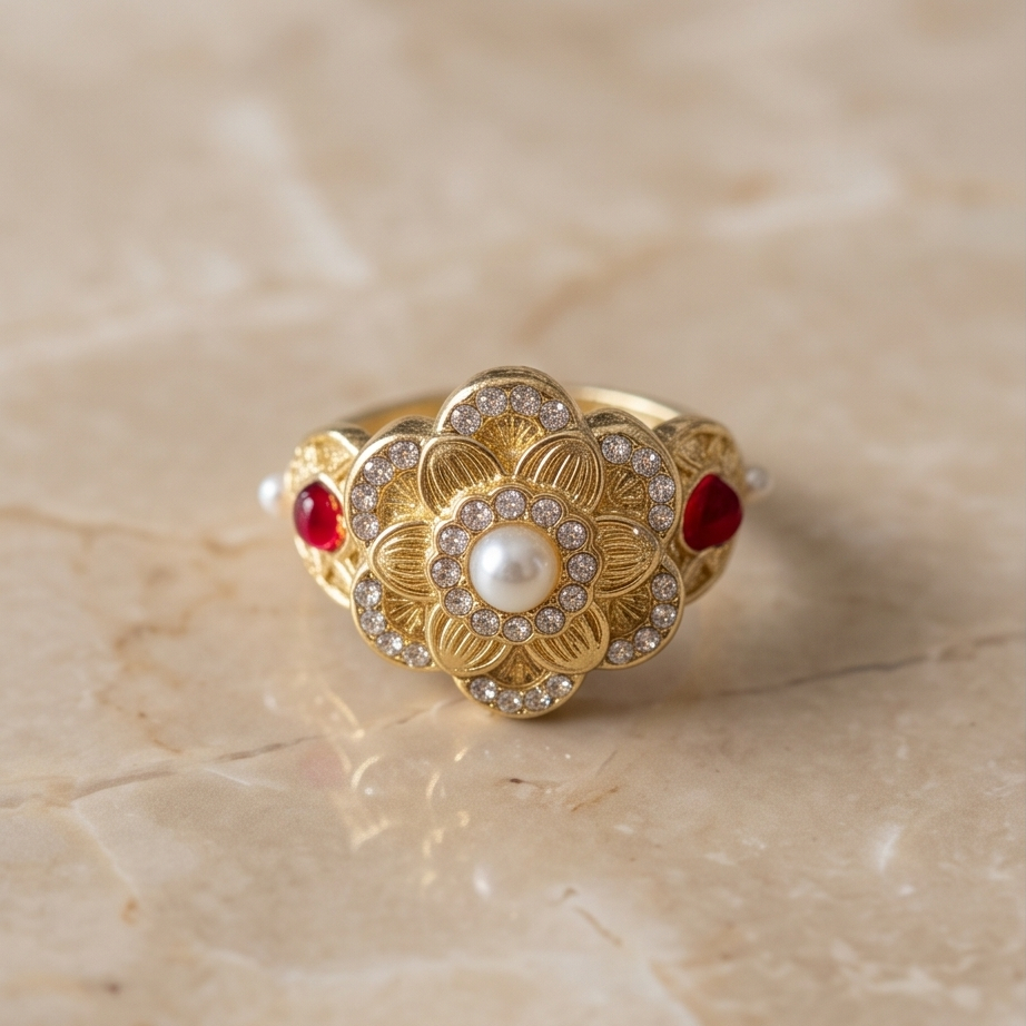 Amélie Pearl Floral Gold Yüzük
