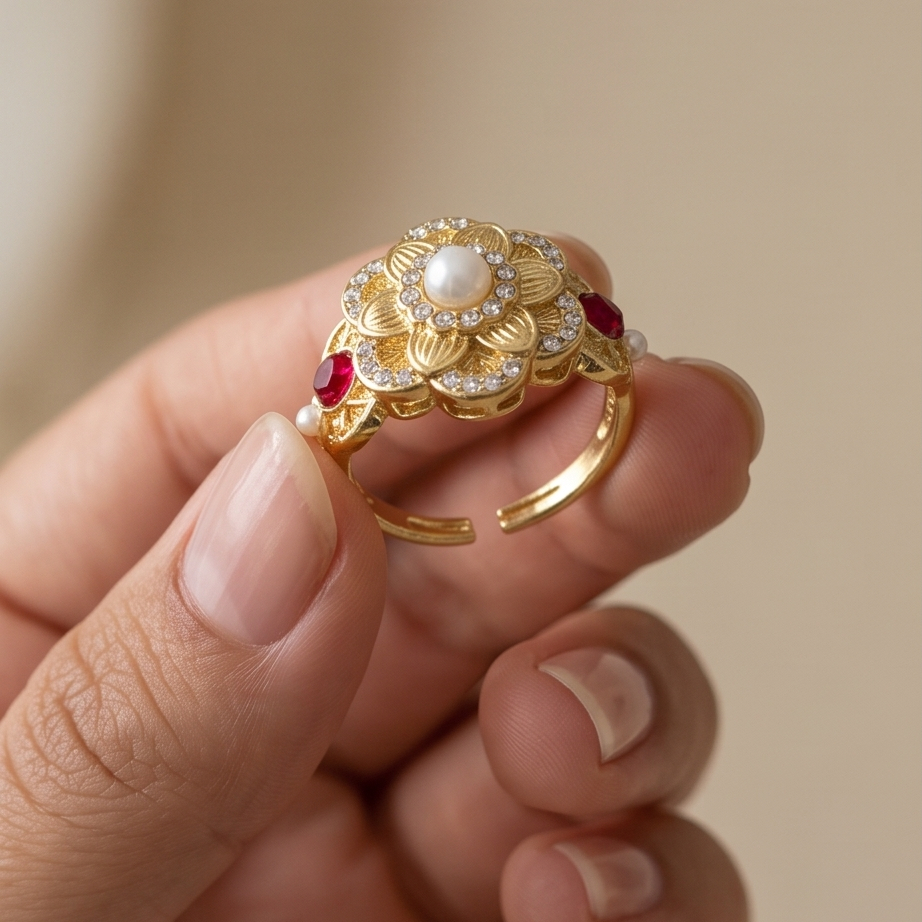 Amélie Pearl Floral Gold Yüzük
