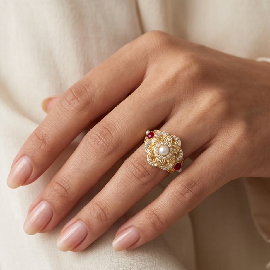 Amélie Pearl Floral Gold Yüzük