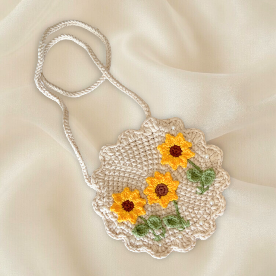 El Örgüsü Ayçiçeği Detaylı Çocuk Çantası – Handmade Mini Omuz Çantası