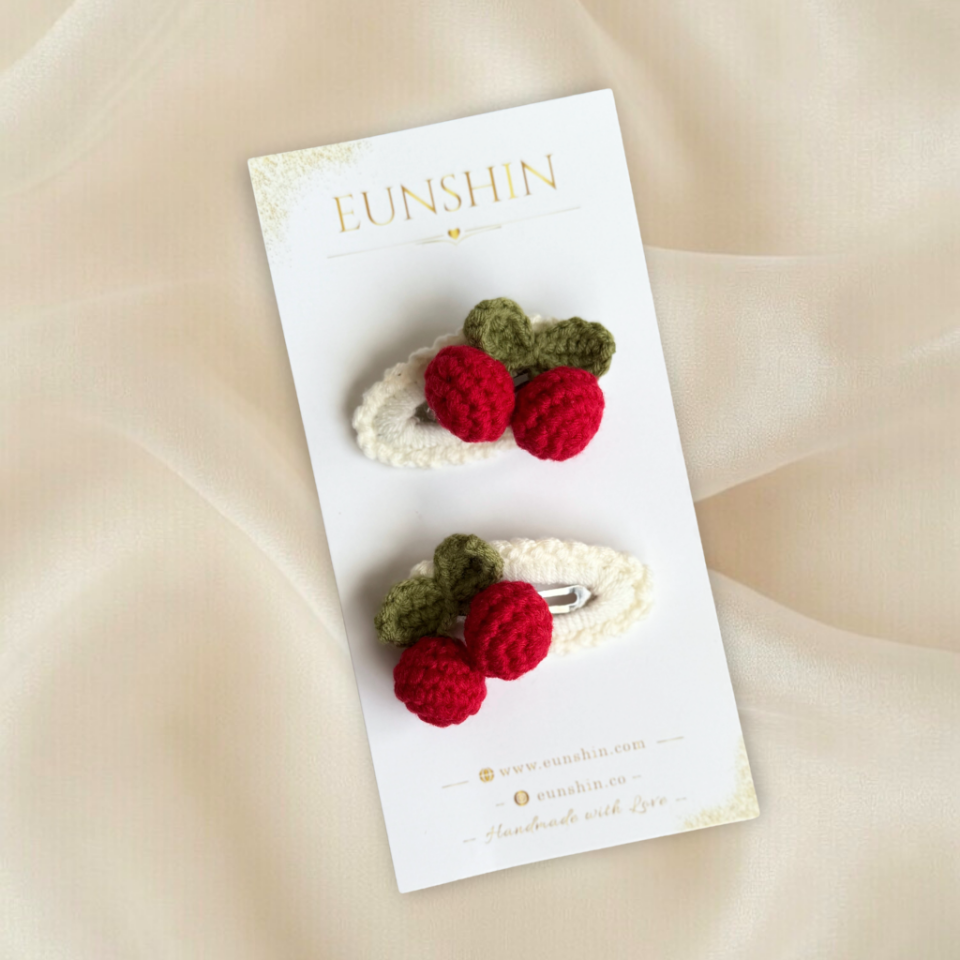 El Yapımı Kiraz Detaylı Örgü 5cm Çıt Çıt Toka | Bebek & Çocuk Saç Aksesuarı