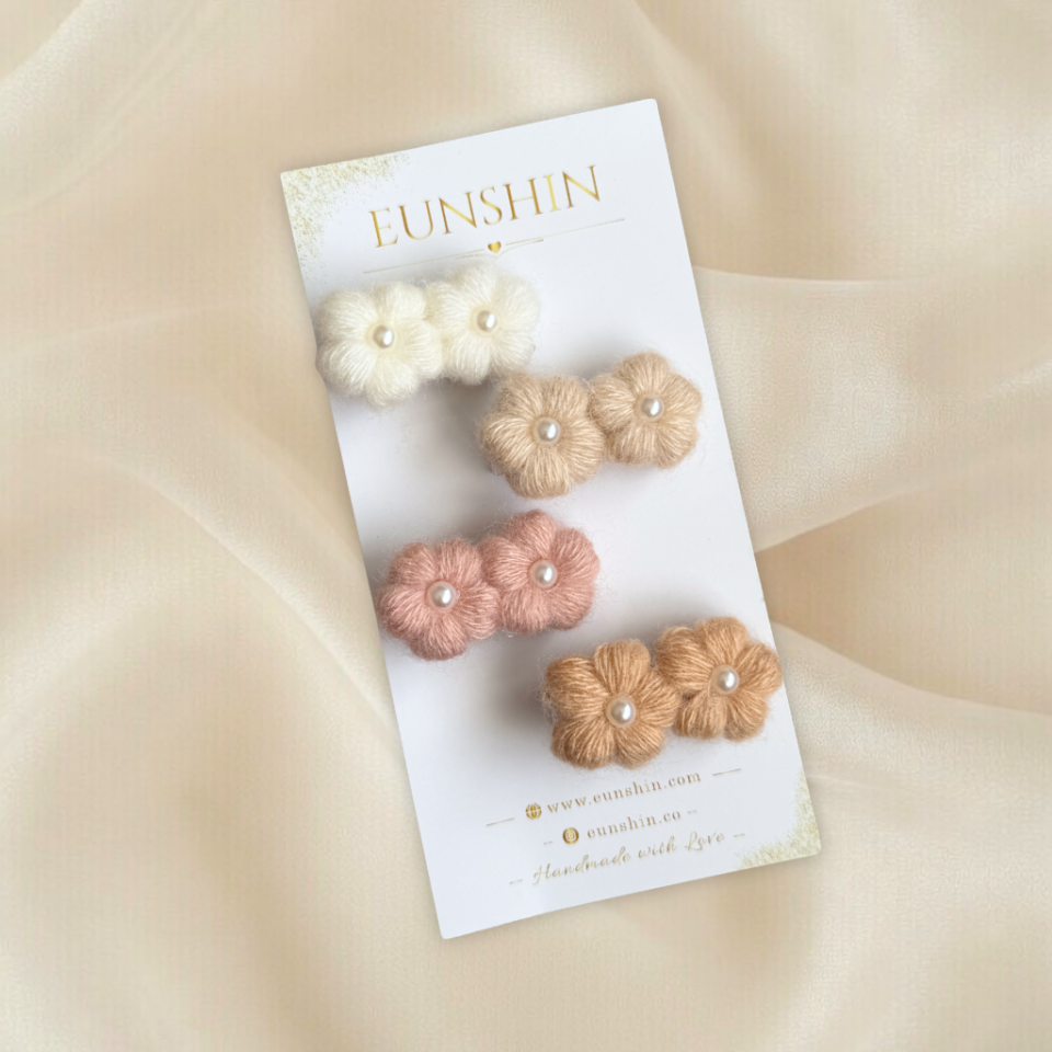 Puff İncili Papatya Klips Toka – El Örgüsü Çocuk Saç Tokası 4,5 cm