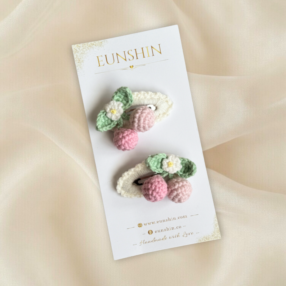 El Yapımı Kiraz Detaylı Örgü 5cm Çıt Çıt Toka | Bebek & Çocuk Saç Aksesuarı