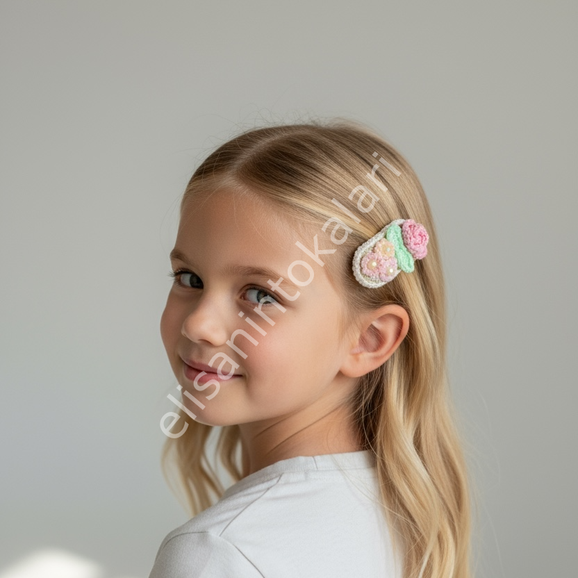 İnci Detaylı Gül ve Mini Papatya Örgü Çıtçıt Toka – Vintage El Yapımı Saç Aksesuarı