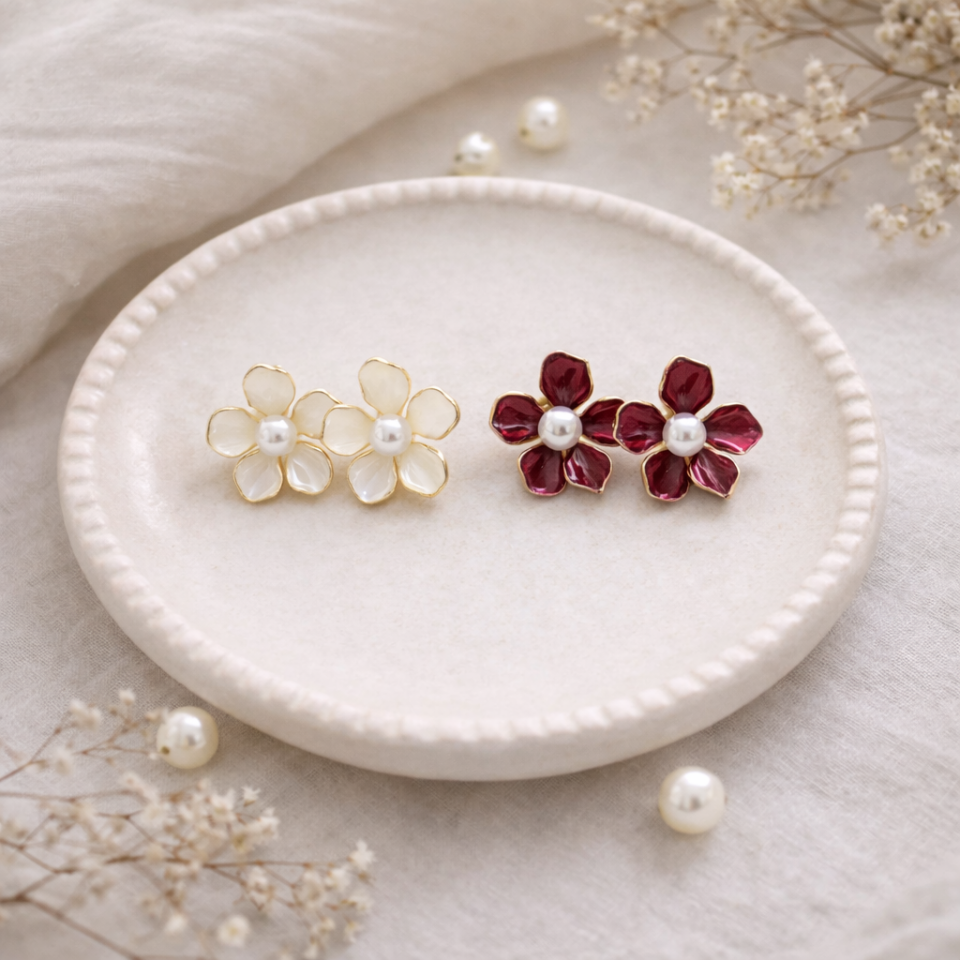 İnci Detaylı Çiçek Küpe Gold(Krem & Bordo)