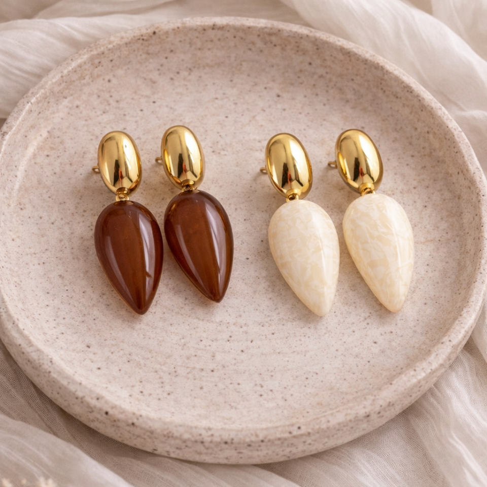 Modern Form Küpe Gold Kaplama (Krem, Kahve)