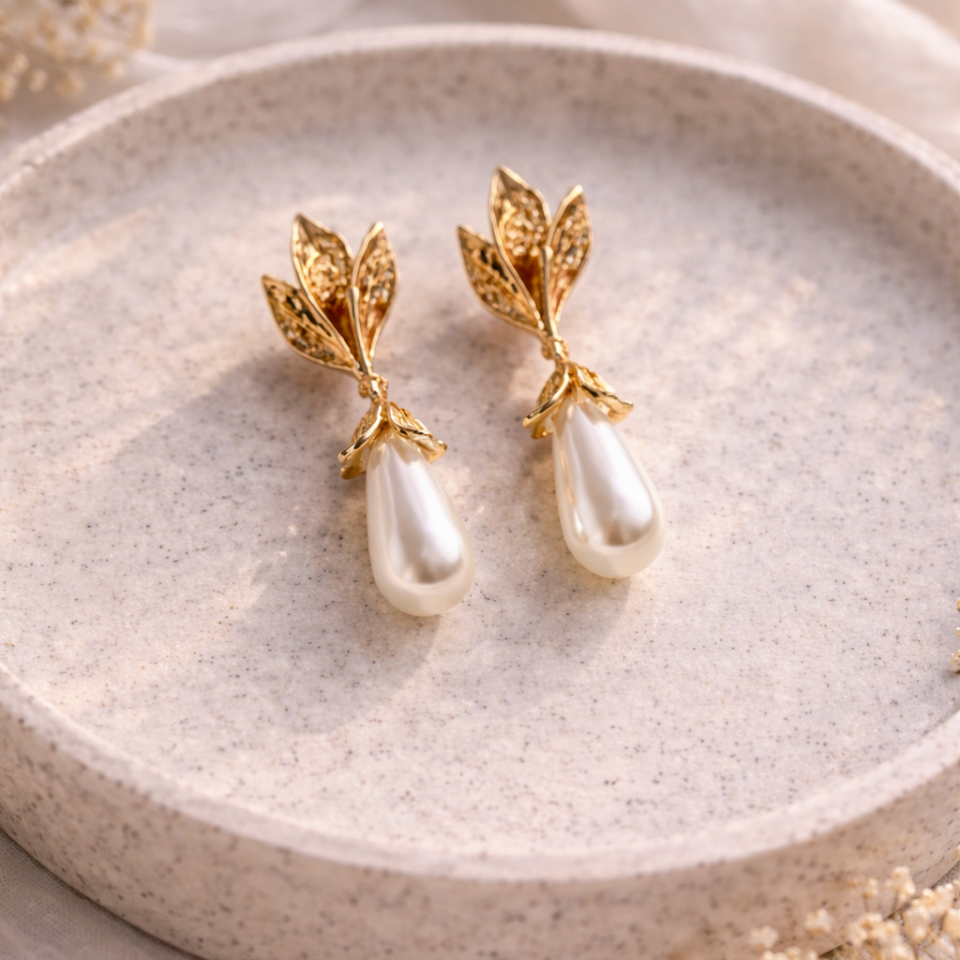 Gold Yaprak Detaylı İnci Damla Küpe | Zarif Vintage Kadın Küpe