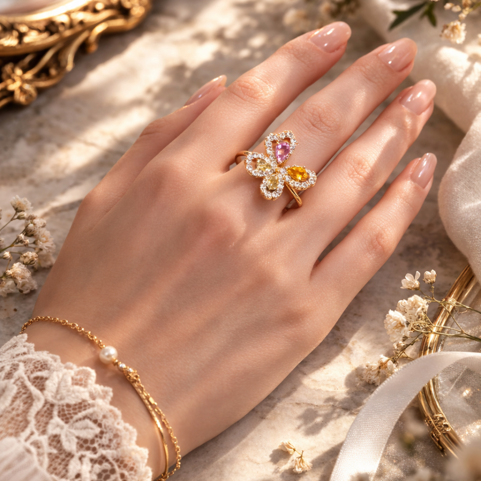 Kelebek Ayarlanabilir Zirkon Taşlı Gold Yüzük