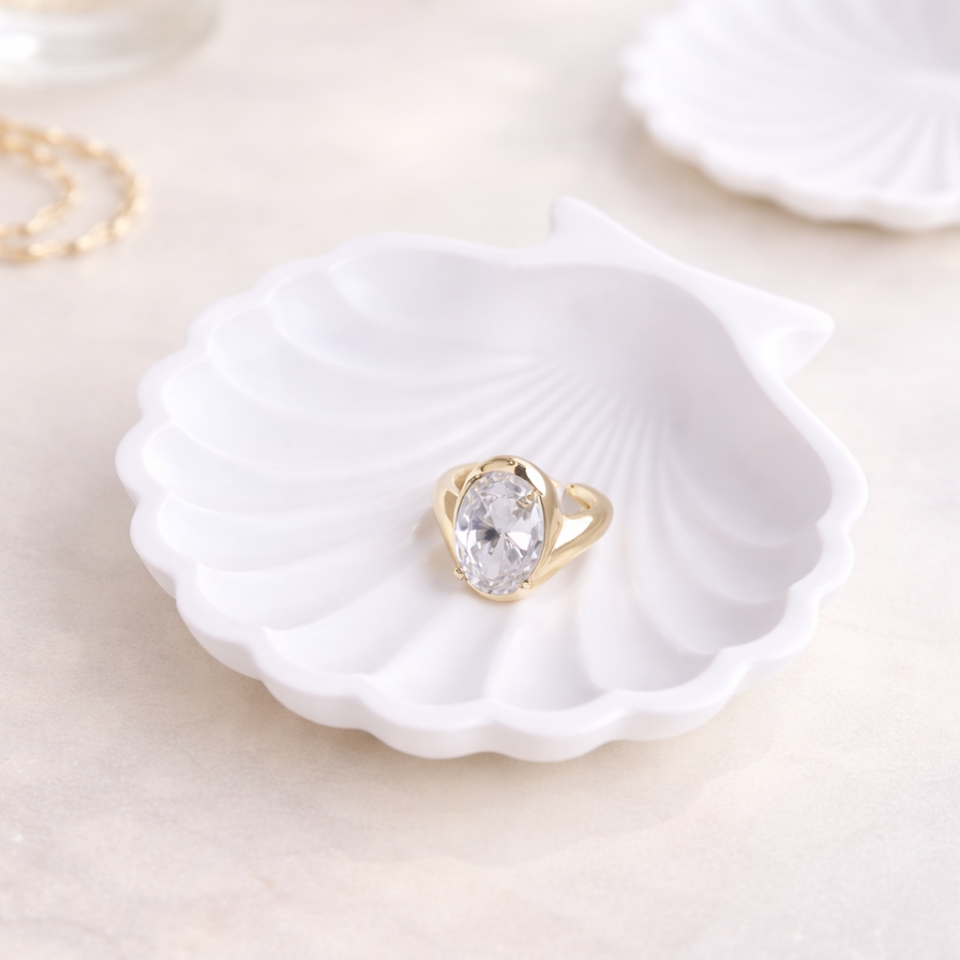 Oval Zirkon Taşlı Gold Çelik Yüzük Ayarlamalı