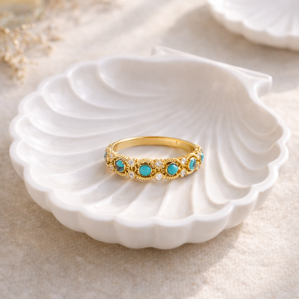 Turkuaz Taşlı Vintage Yüzük Ayarlamalı– Pirinç