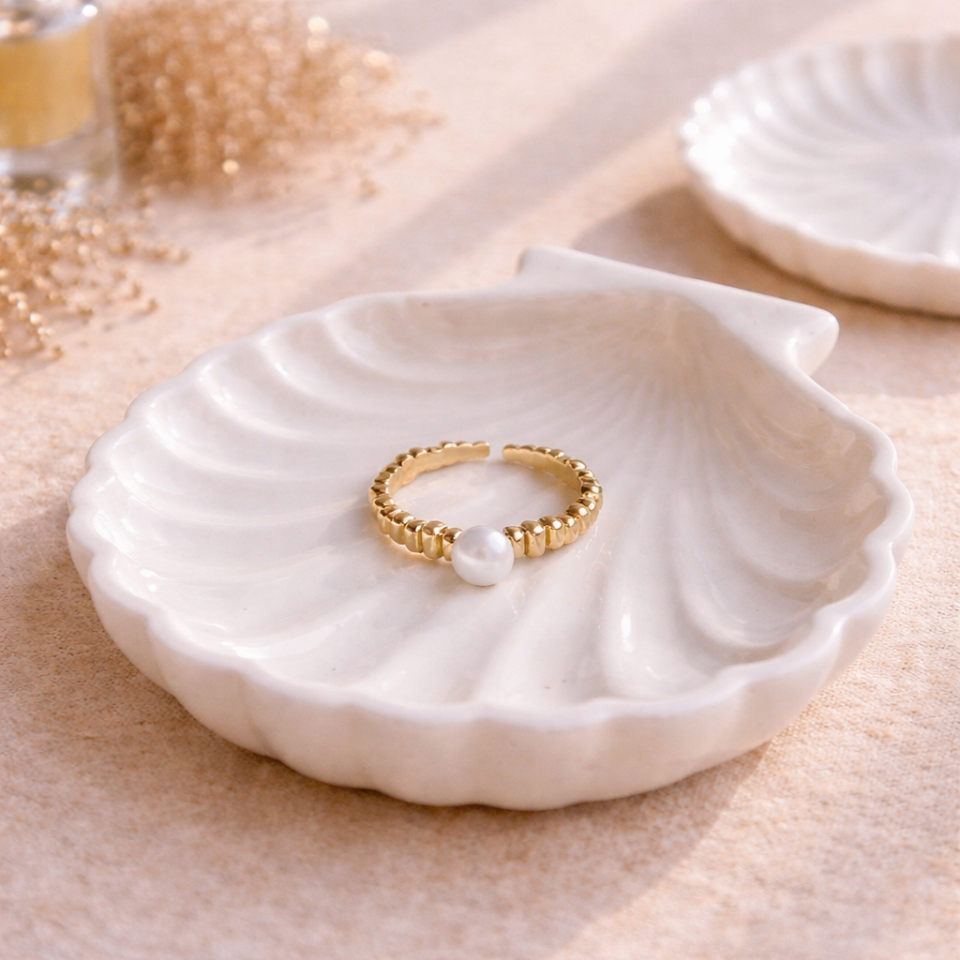 Minimal İnci Detaylı Ayarlanabilir Çelik Yüzük