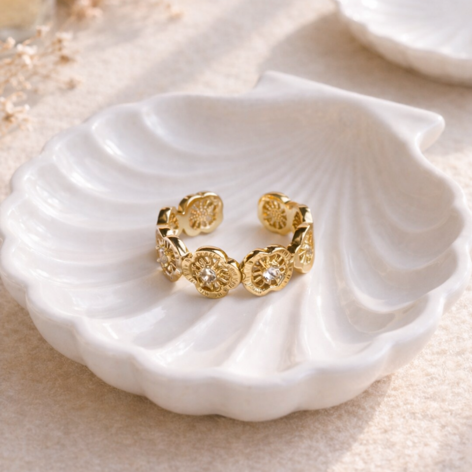 Çiçek Motifli Zirkon Taşlı Ayarlanabilir Çelik Yüzük