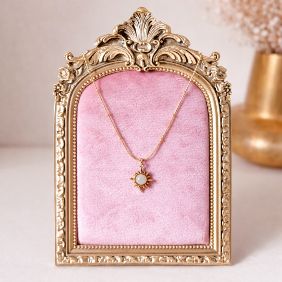 Vintage Çelik Kolye – Kuvars Taşlı Oval Çelik Kolye