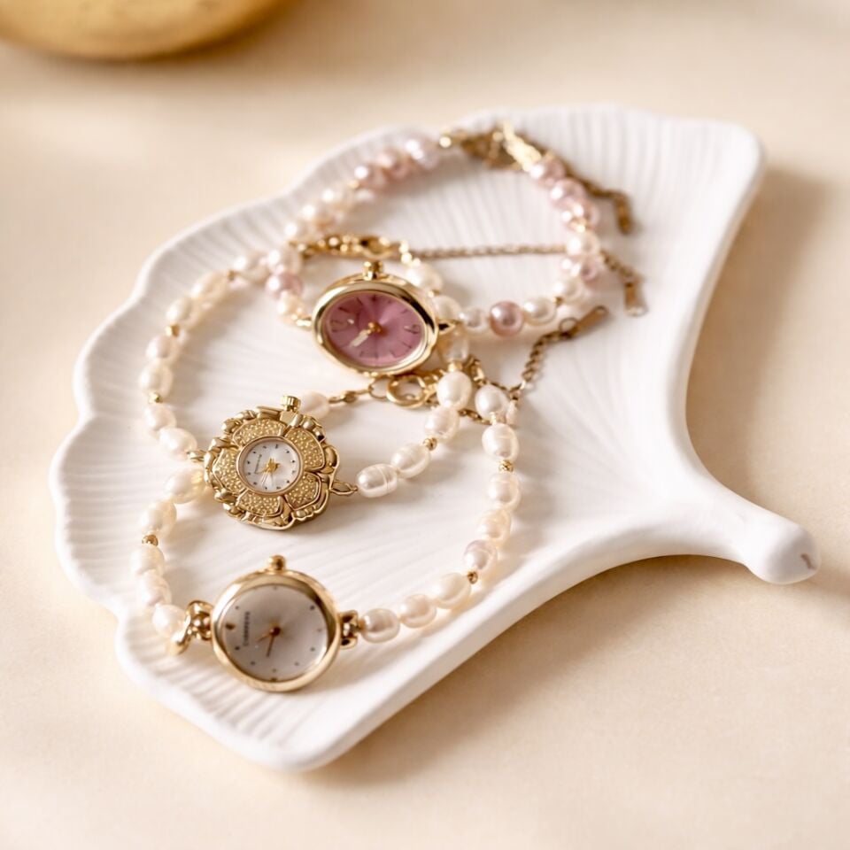 Doğal İnci Detaylı Vintage Çelik Kadın Saat –Gold Zarif Bileklik Saat