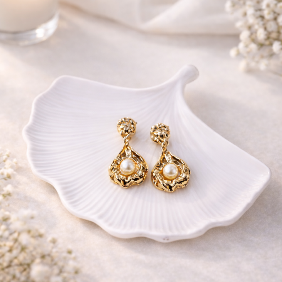 Vintage Küpe Gold Kaplama İncili | Pirinç Zarif Gold Küpe