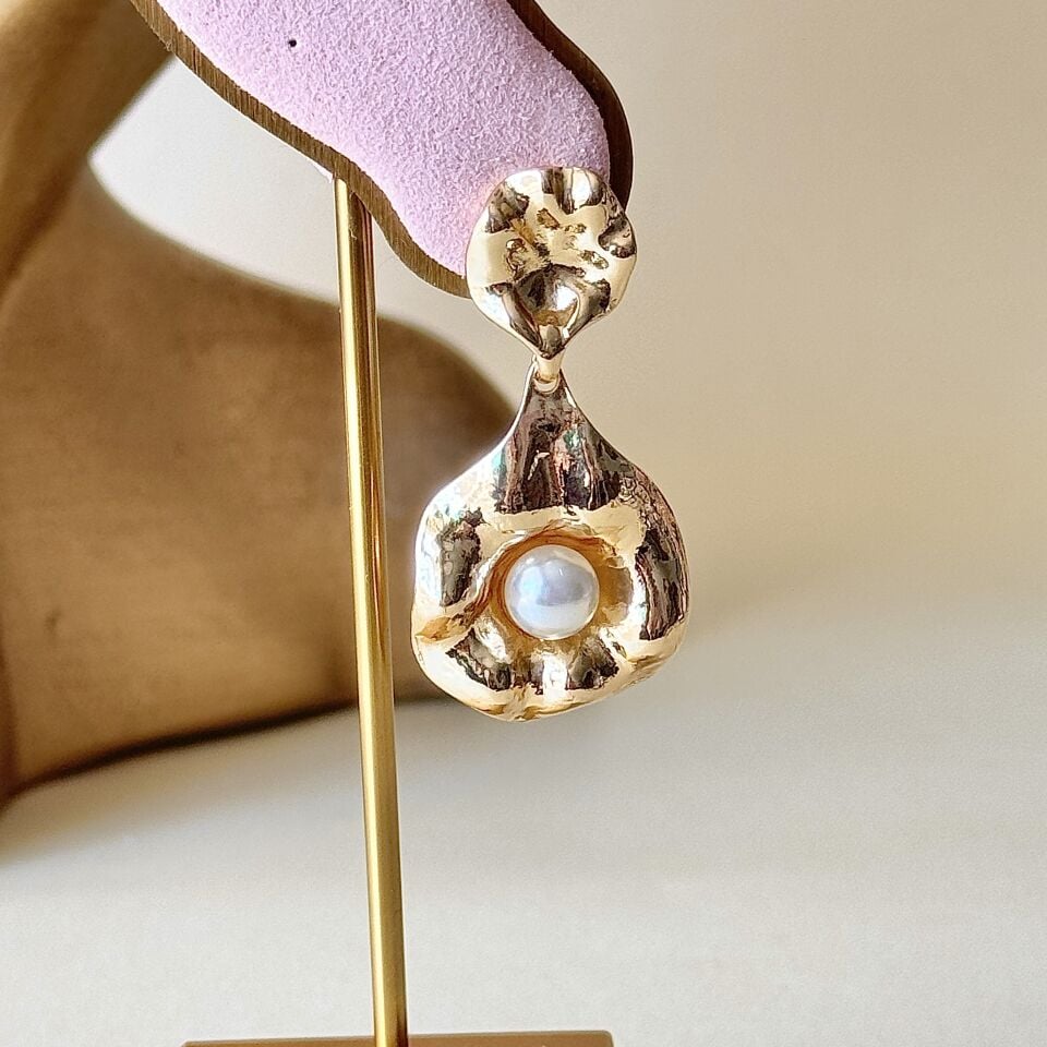 Vintage Küpe Gold Kaplama İncili | Pirinç Zarif Gold Küpe