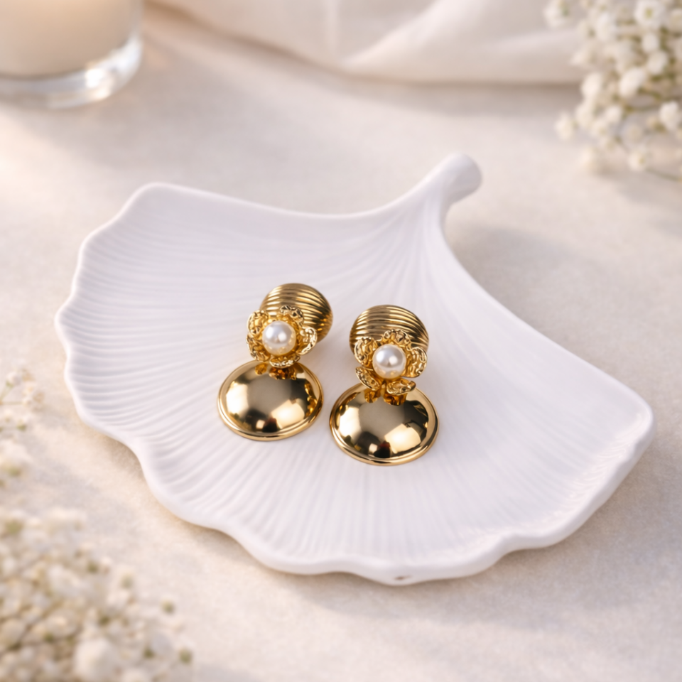 Gold Kaplama Pirinç İncili Küpe | Vintage Zarif Gold Küpe