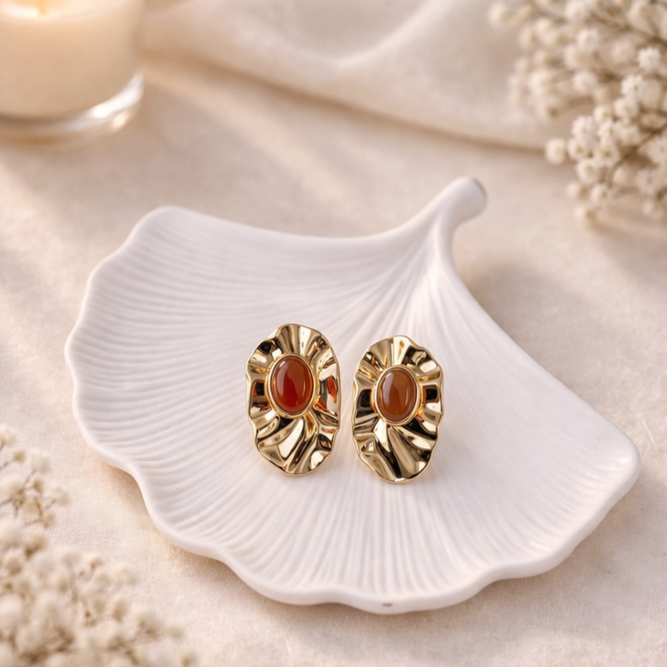 Gold Taşlı Küpe | Pirinç Vintage Gold Küpe