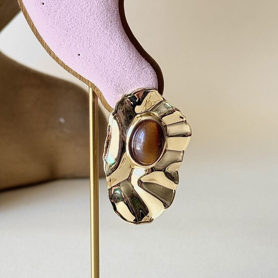 Gold Taşlı Küpe | Pirinç Vintage Gold Küpe