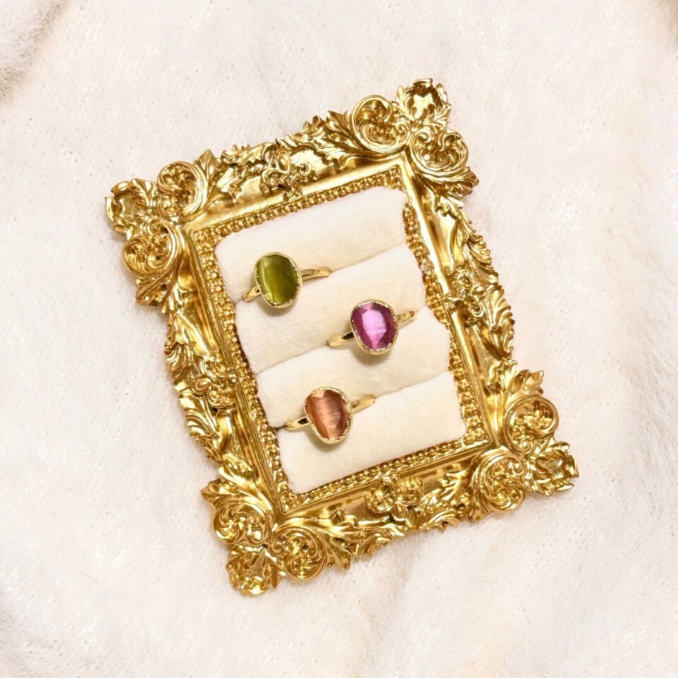 Vintage Kedigözü Taşlı Gold Yüzük | Ayarlanabilir Pirinç Yüzük