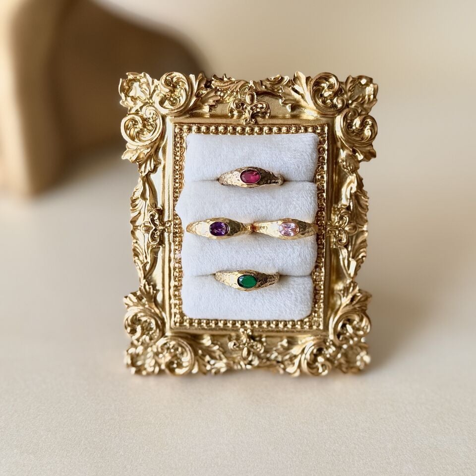 Vintage Zirkon Taşlı Gold Yüzük | Ayarlanabilir Pirinç Yüzük