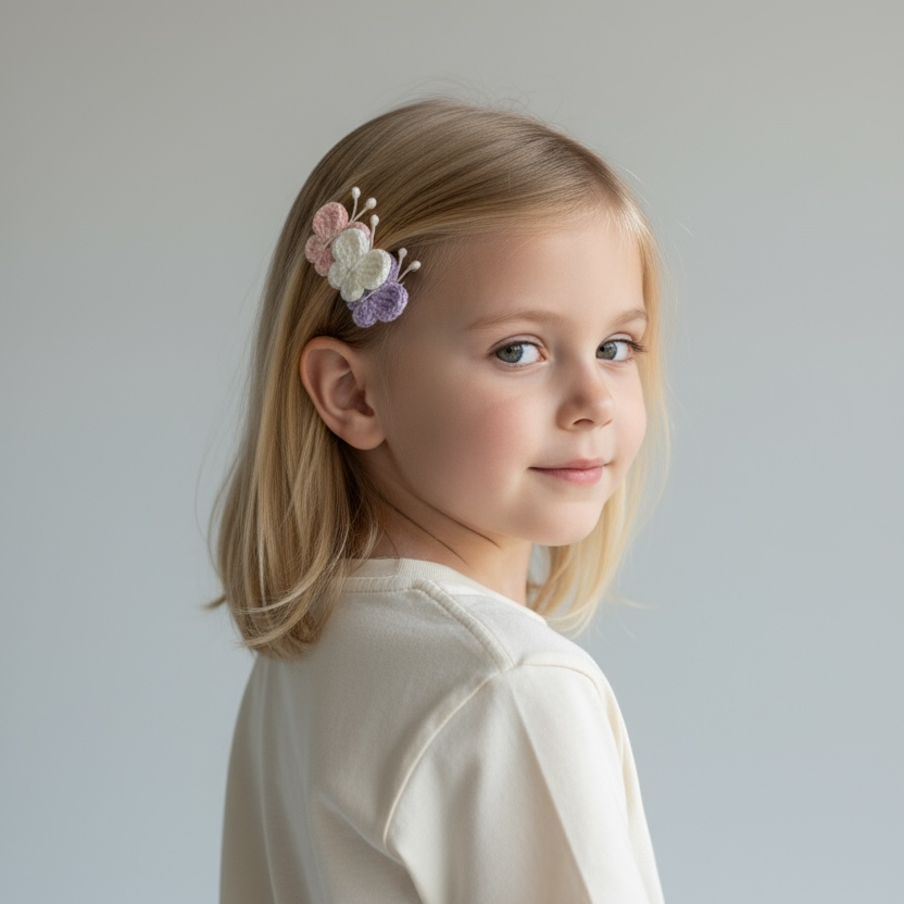 Pastel Kelebek Klips Toka 5 cm El Yapımı Örgü Saç Tokası