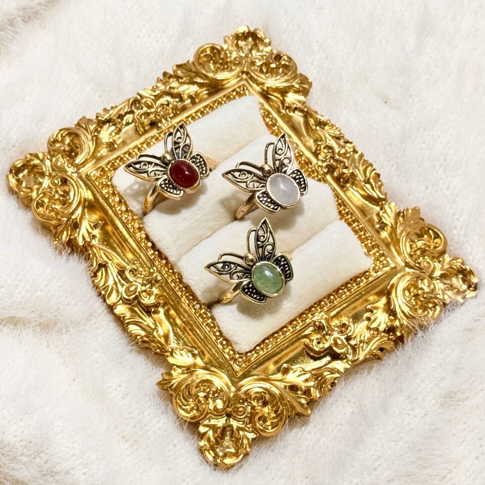 Vintage Kelebek Figürlü Doğal Taş Bakır Yüzük Antik Stil Ayarlanabilir Yüzük