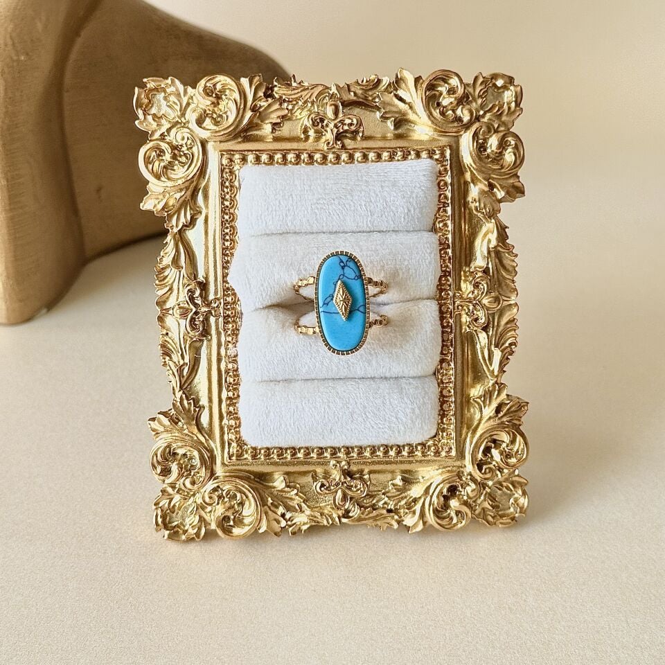 Vintage Turkuaz Taşlı Gold Ayarlanabilir Yüzük