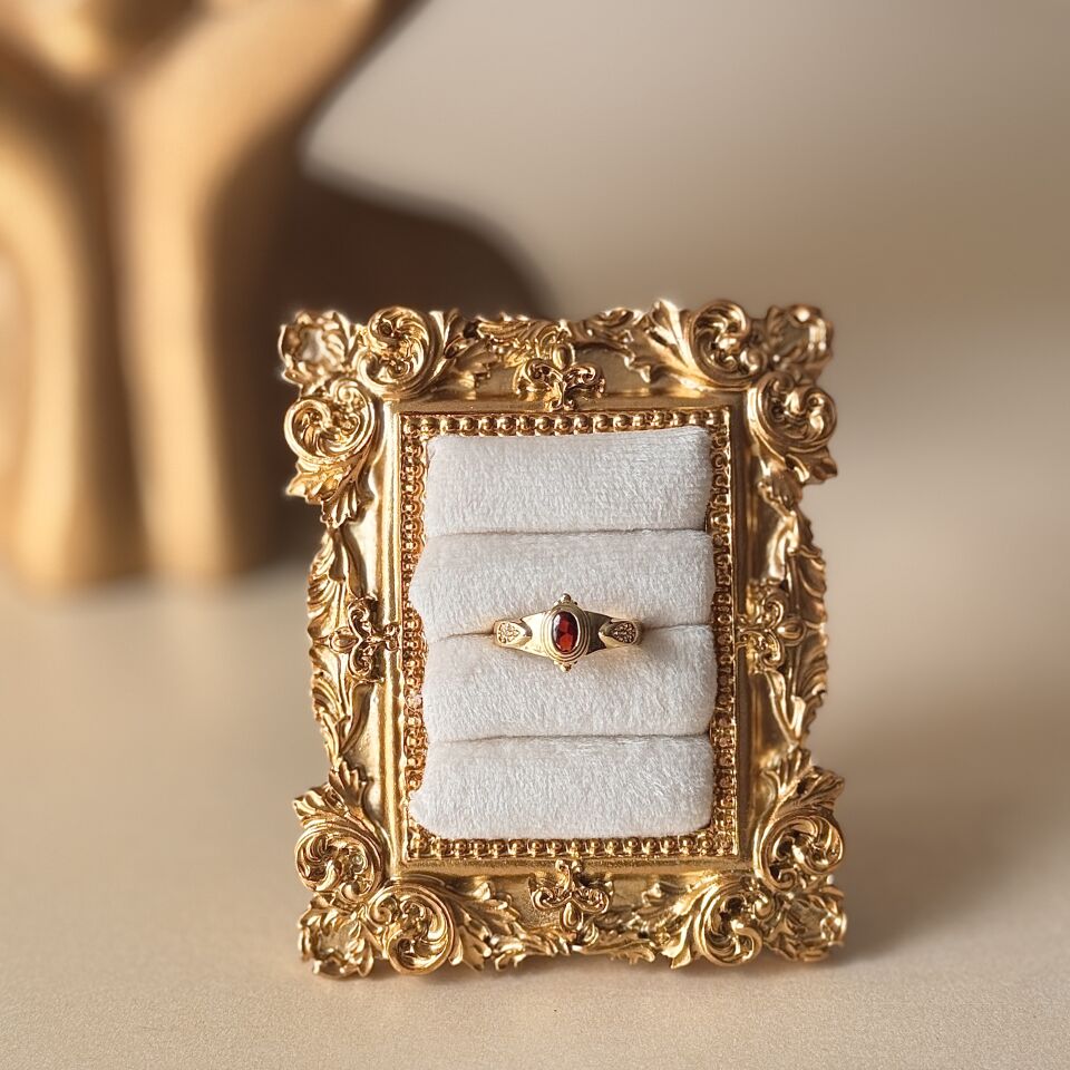 Vintage Kırmızı Taşlı Gold Kaplama Yüzük Ayarlanabilir Pirinç Yüzük