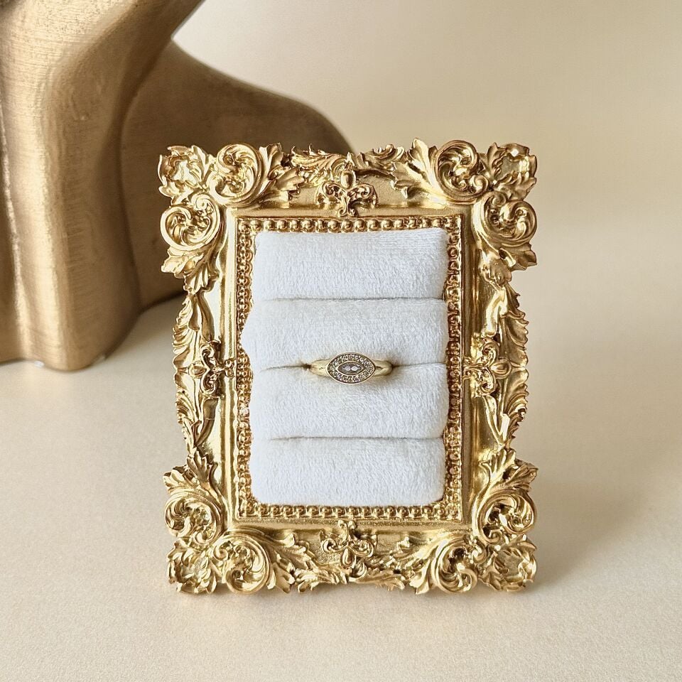 Vintage Oval Zirkon Taşlı Gold Kaplama Serçe Yüzük Ayarlanabilir Pirinç Yüzük