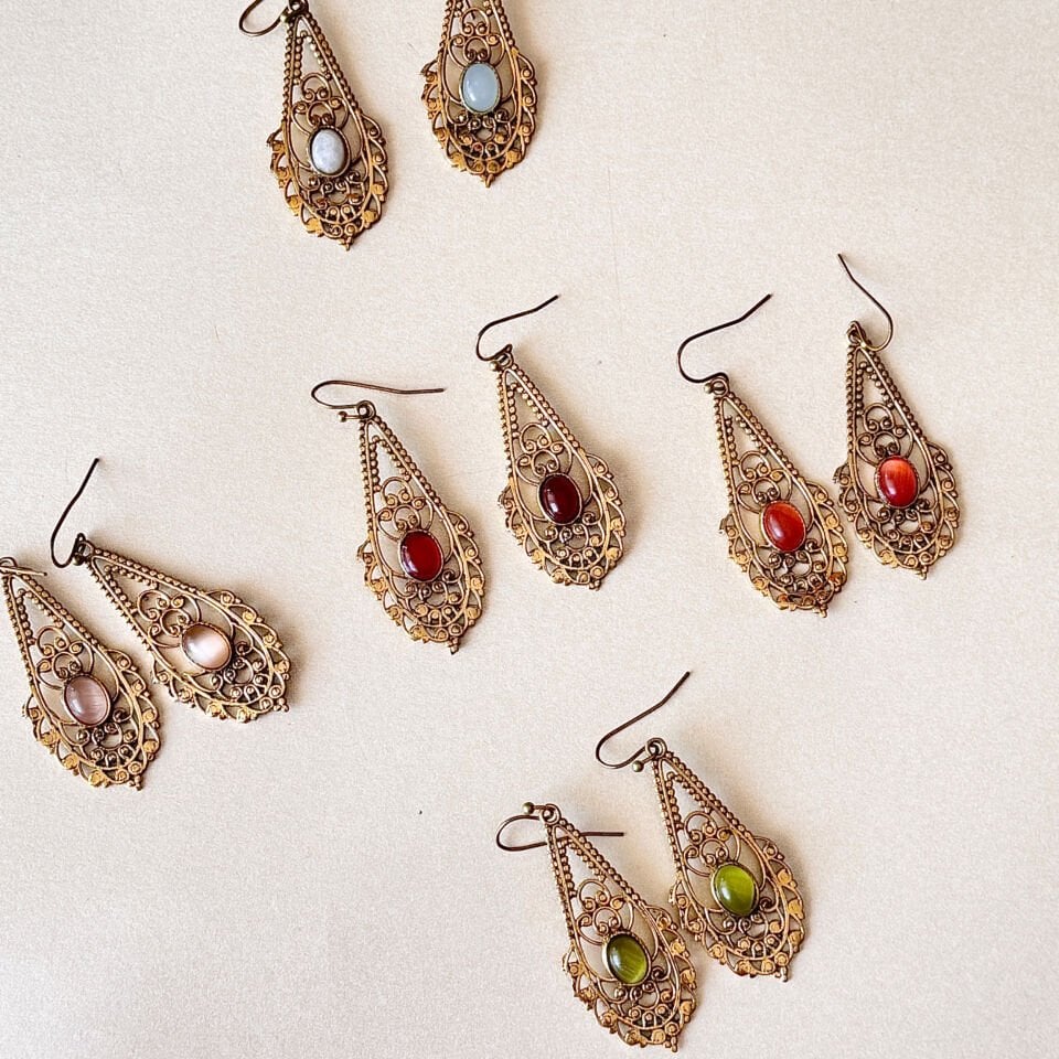 Bakır Küpe Taşlı Vintage Damla Form Otantik Küpe