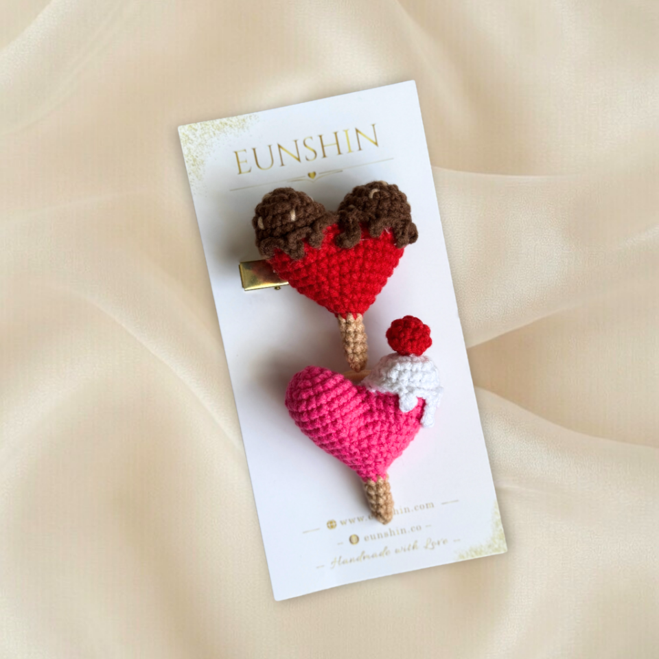 Amigurumi Kalp Dondurma Klips & Mini Lastik Toka – El Yapımı Saç Tokası | Bebek & Kız Çocuk