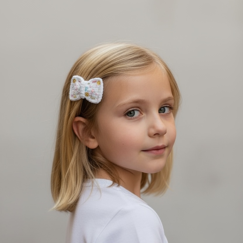 Boncuk ve Pul İşlemeli Fiyonk Toka – 7 cm El Yapımı Saç Tokası | 5 cm Klipsli Bebek & Kız Çocuk