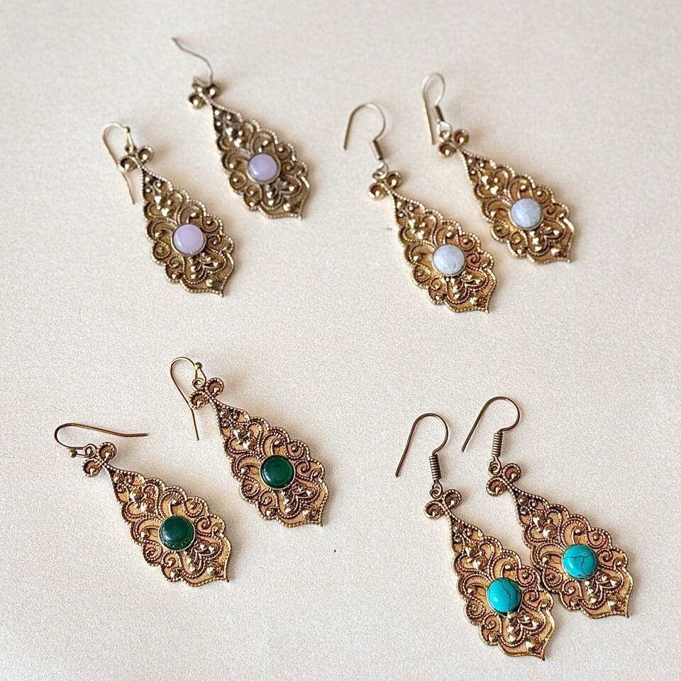 Bakır Küpe Taşlı Vintage Otantik Damla Küpe