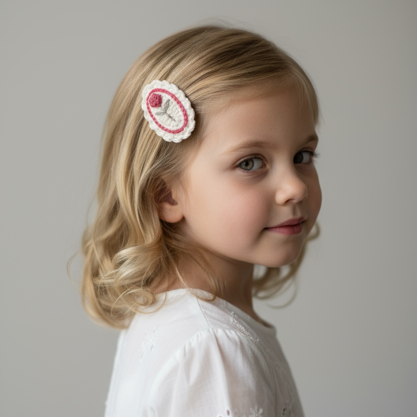 Vintage Lale Desenli Oval Çıtçıt Toka – 5 cm El Yapımı Örgü Saç Tokası | Bebek & Kız Çocuk