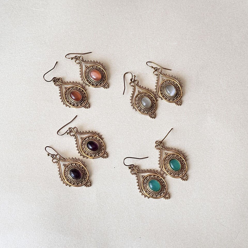 Bakır Küpe Taşlı Vintage Otantik Oval Damla Küpe