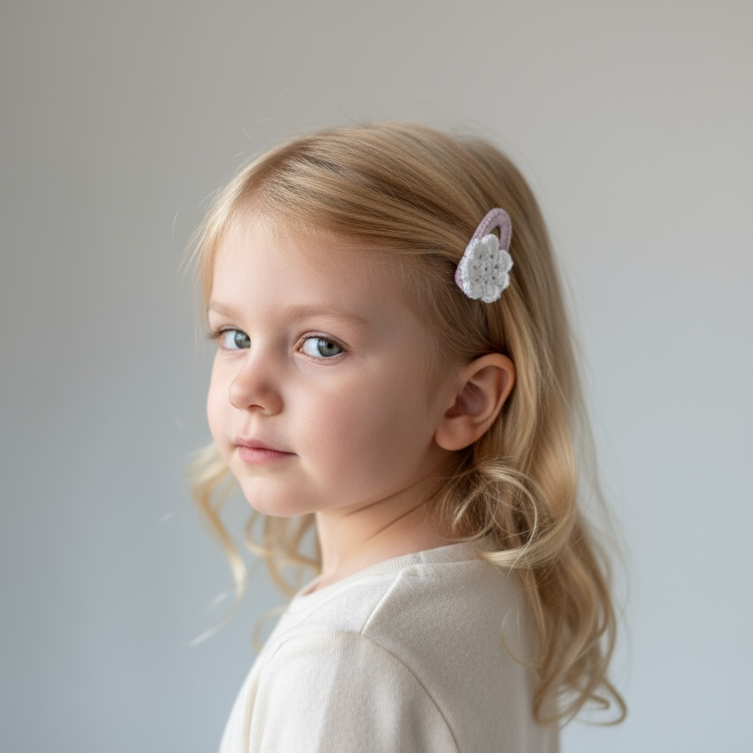 Örgü Çiçek Detaylı Çıt Çıt Toka – 5 cm El Yapımı Saç Tokası | 3 Renk Varyasyonlu Bebek & Kız Çocuk