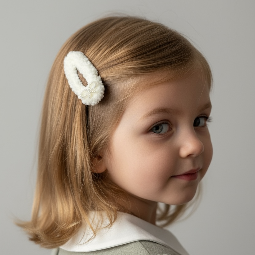 İnci Fiyonk Detaylı Çıtçıt Toka – Yumuşak İplik Örgü 5 cm Bebek & Kız Çocuk Saç Tokası