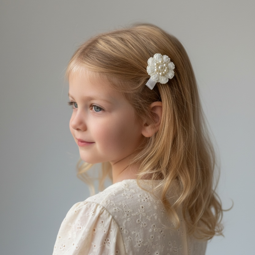 Boncuk ve İnci Detaylı Çiçek Toka – El Yapımı Örgü 5 cm Grogren Kaplı Klips Saç Tokası | Bebek & Kız Çocuk