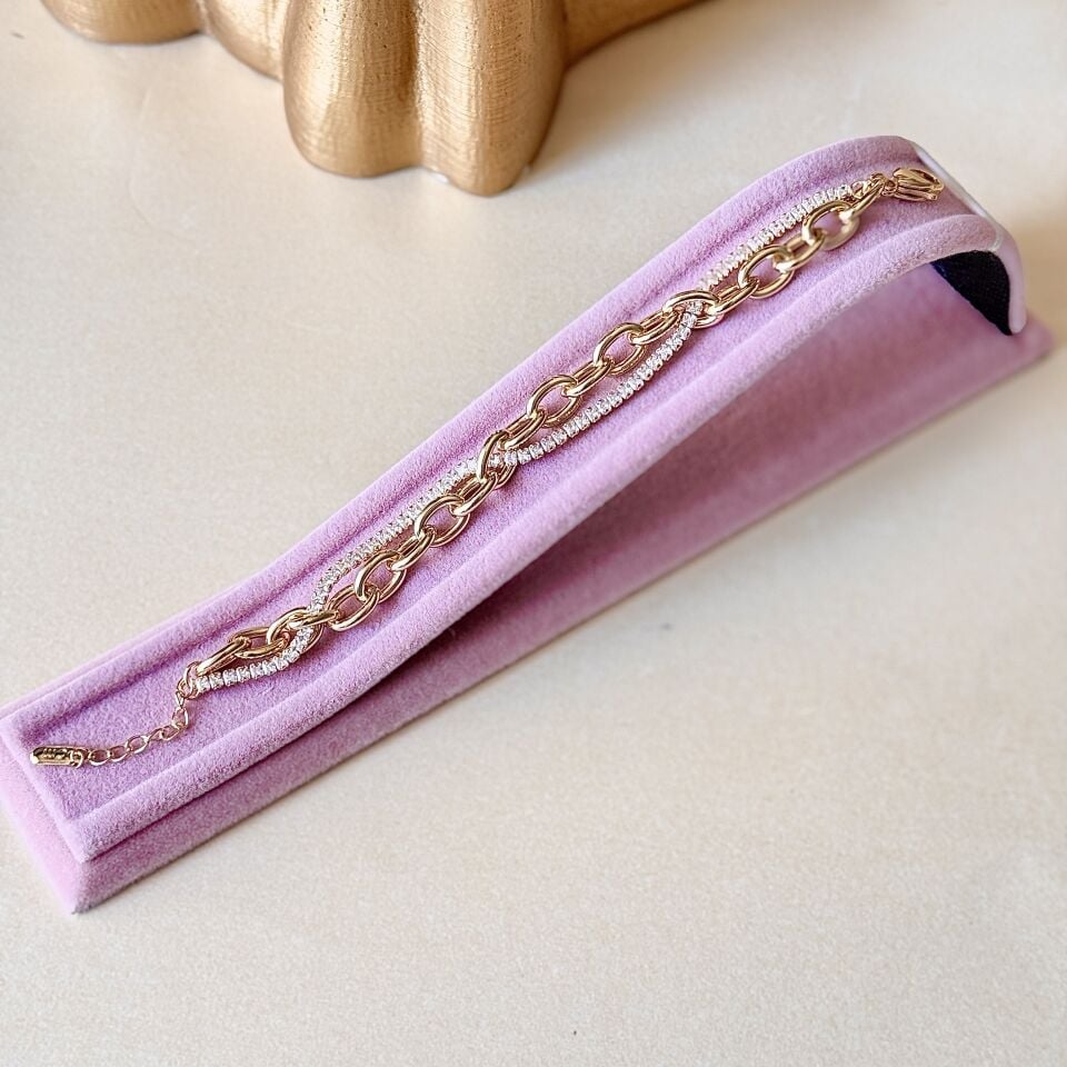 Zincir ve Zirkon Detay Gold Bileklik