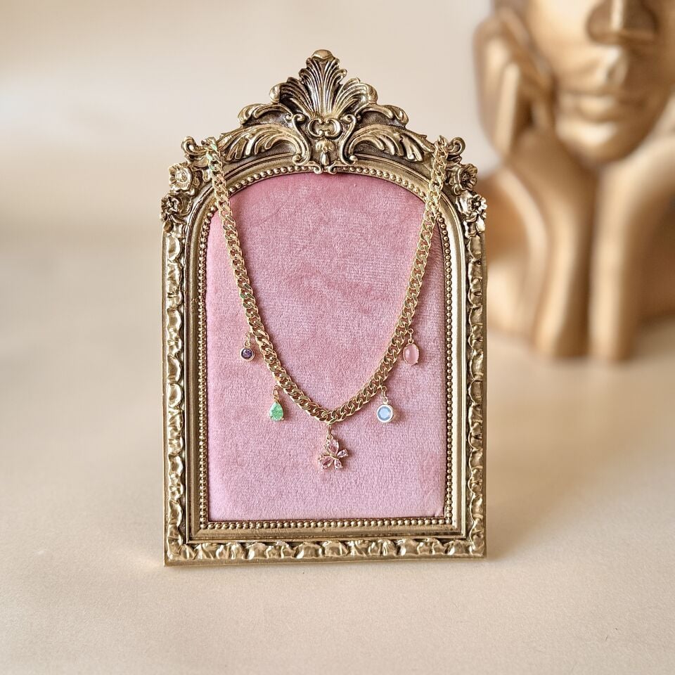 Renkli Taş Detaylı Zincir Kolye