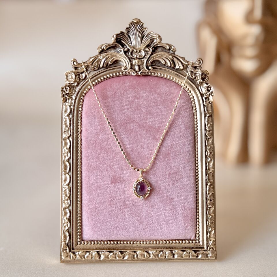 Ametist Oval Taşlı Gold Kolye
