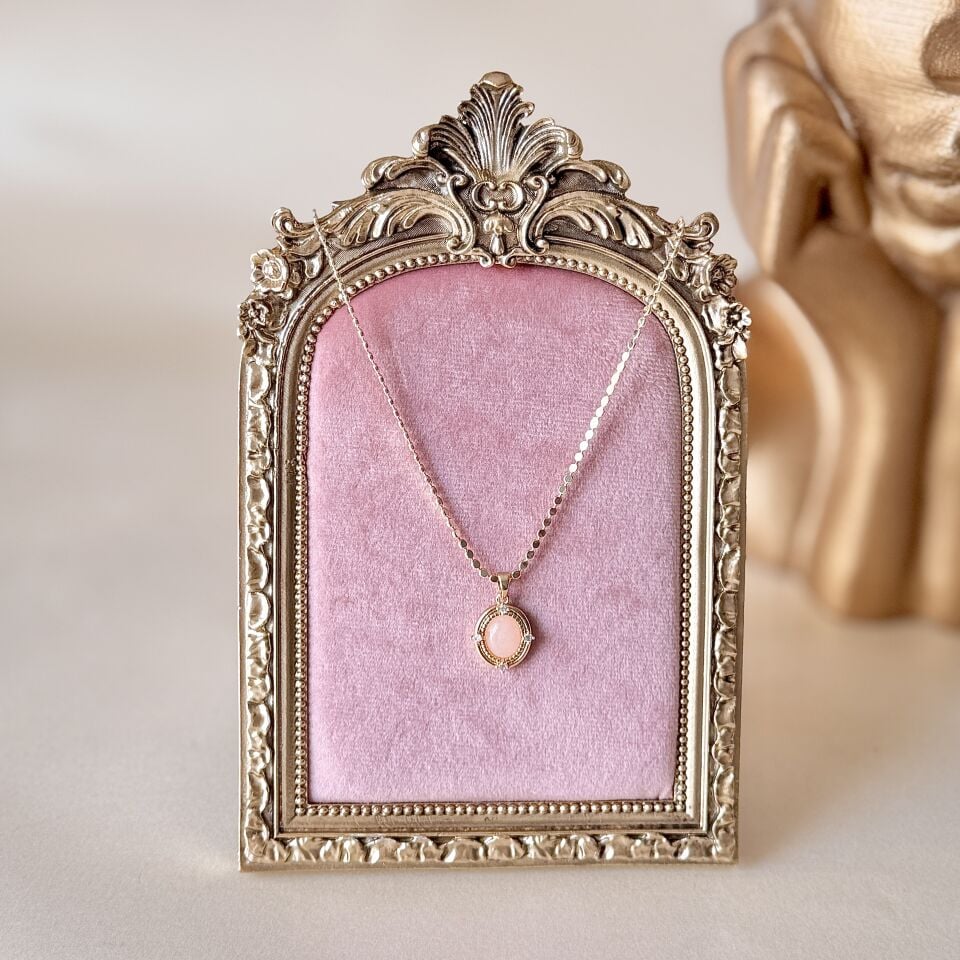 Pembe Oval Taşlı Kolye Gold