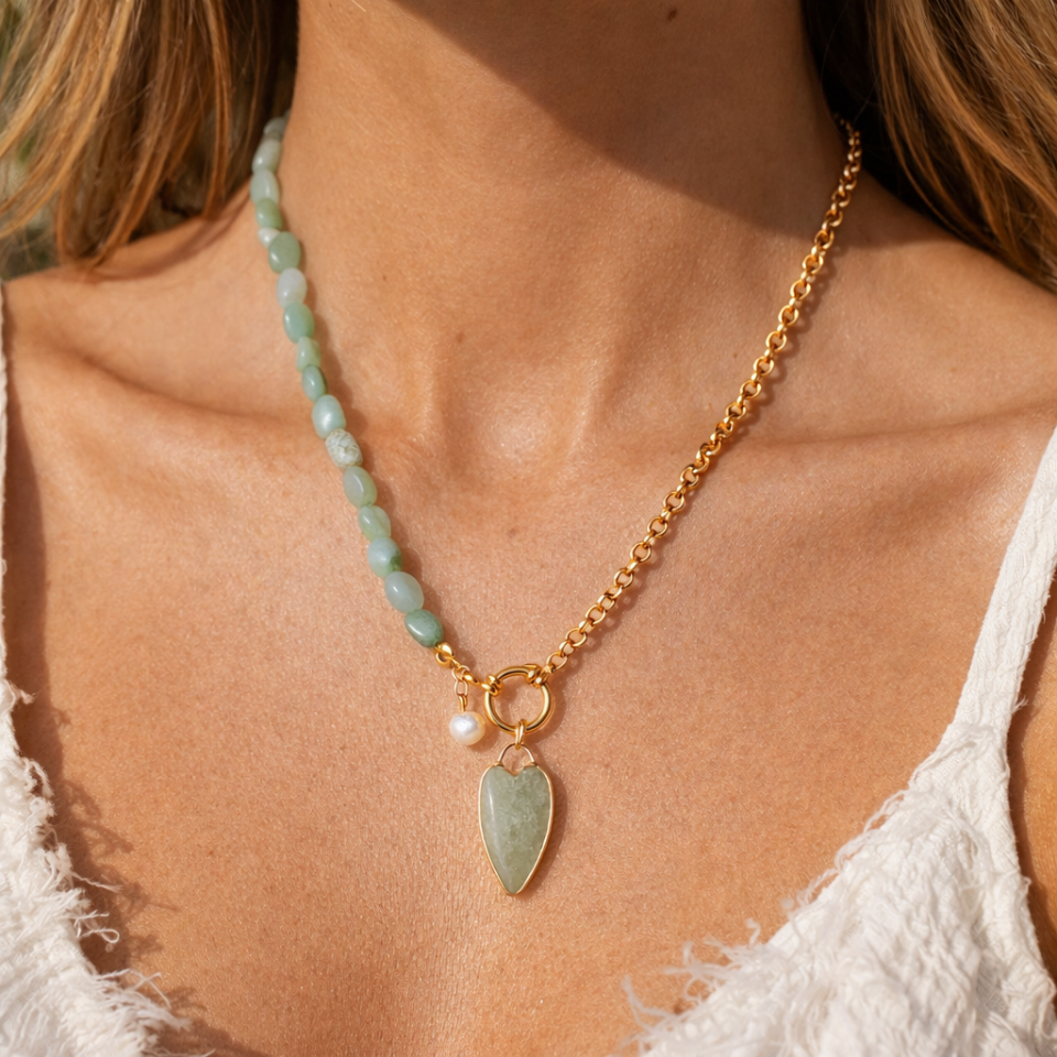 Aventurin Doğaltaş Detaylı Gold Kolye