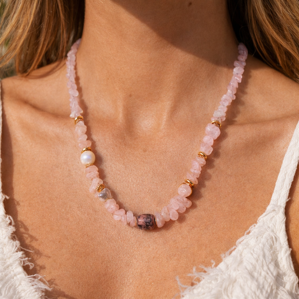 Pembe Kuvars Rodonit İnci Sedef Doğal Taş Kolye