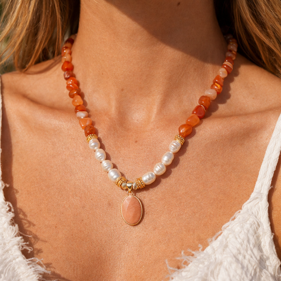 Turuncu Akik ve İnci Detaylı Doğal Taş Kolye