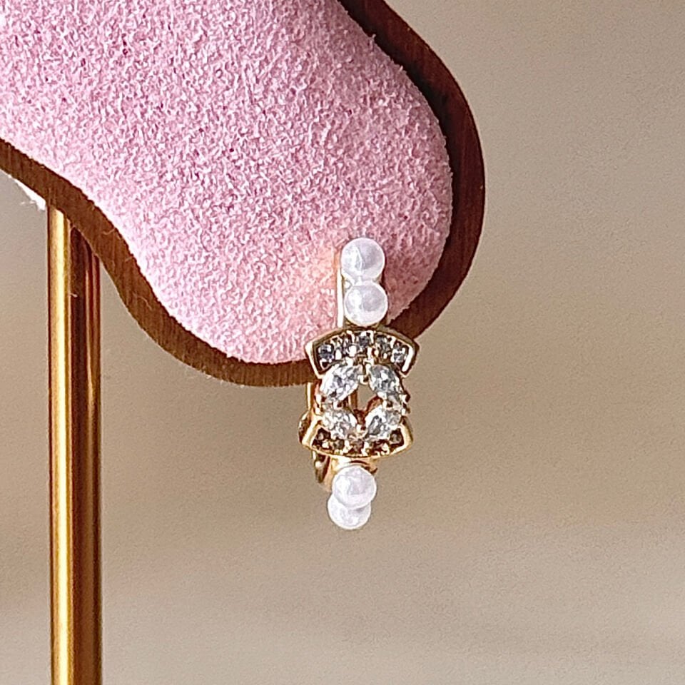 İnci Detaylı Zirkon Halka Küpe 14K Gold Kaplama